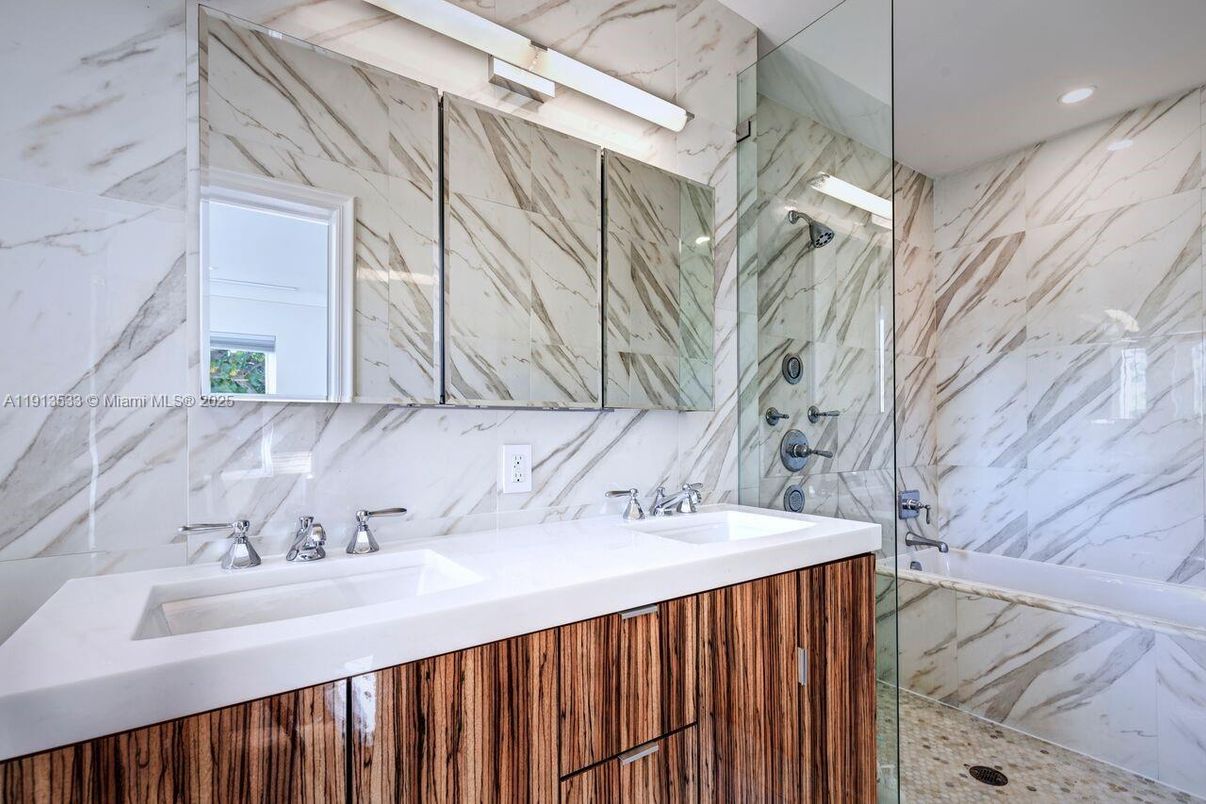 Bathroom, Glass Shower, Interior, Marble Walls, Recessed Lighting