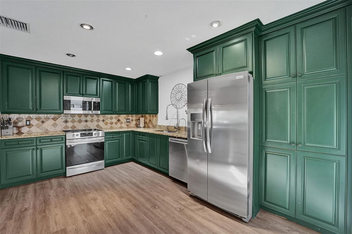 Interior, Kitchen, Recessed Lighting, Stainless Steel Appliances, Wood Texture Flooring