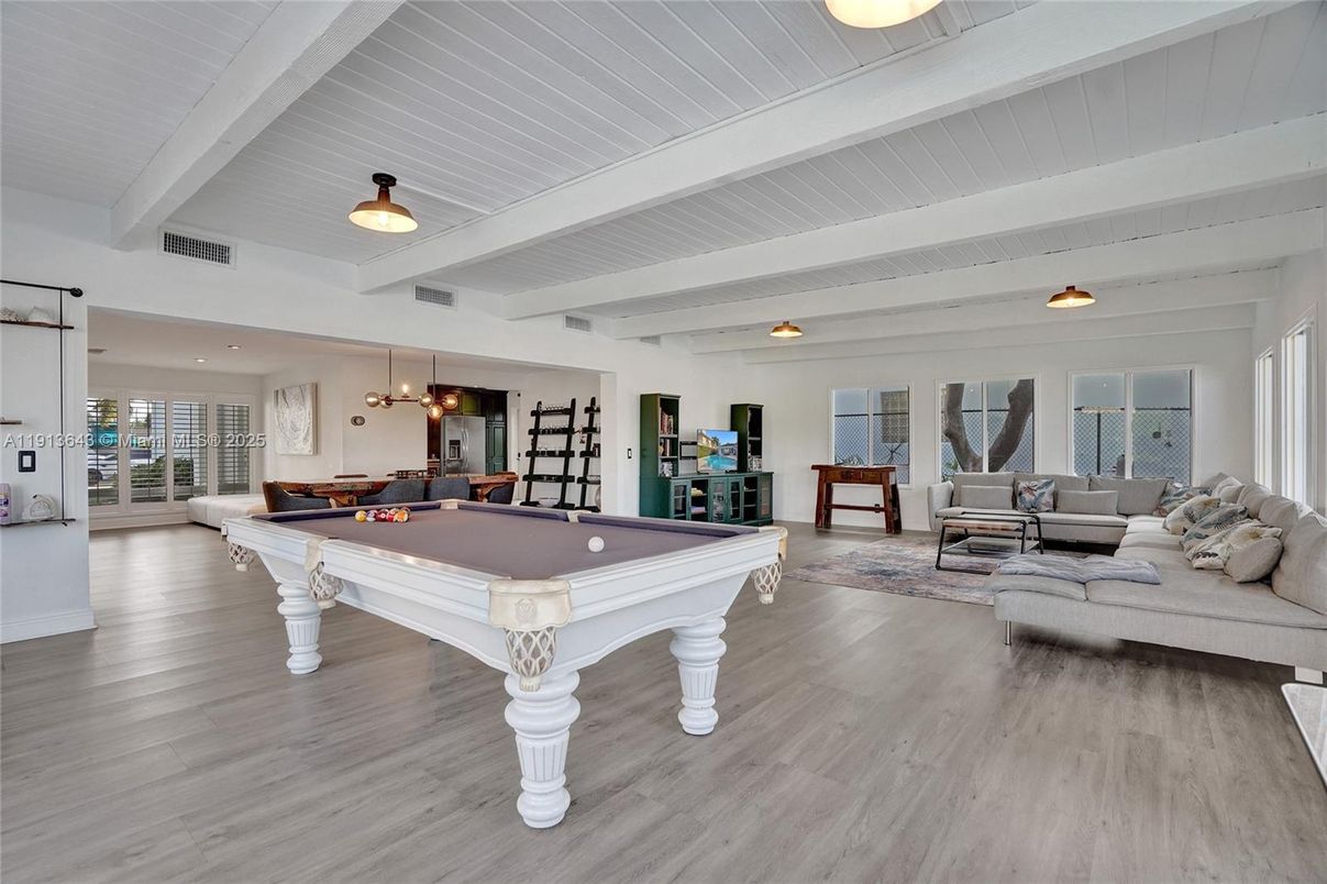 Billiard Table, Game Room, Interior, Living room, Pendant Lights, Wood Texture Flooring