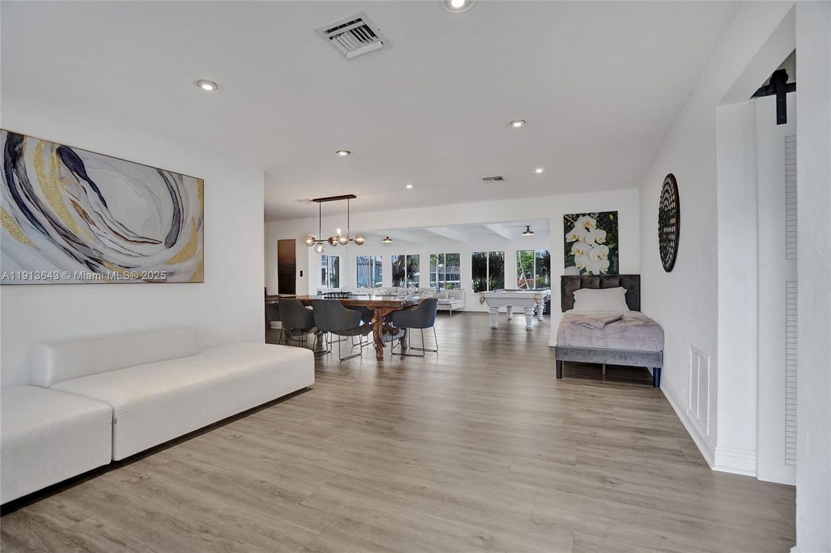 Bedroom, Dining room, Interior, Pendant Lights, Recessed Lighting, Wood Texture Flooring