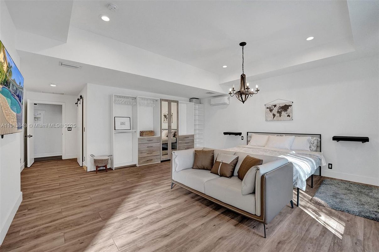 Bedroom, Chandelier, Interior, Recessed Lighting, Wood Texture Flooring