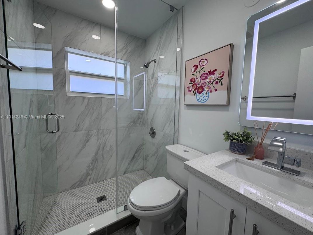 Bathroom, Glass Shower, Interior, Marble Walls, Recessed Lighting