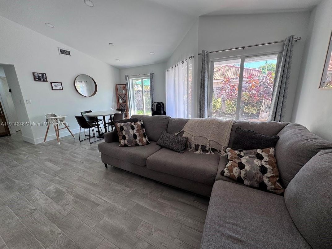 Dining room, Interior, Living room, Recessed Lighting, Wood Texture Flooring