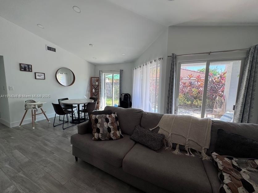 Dining room, Interior, Living room, Recessed Lighting, Wood Texture Flooring