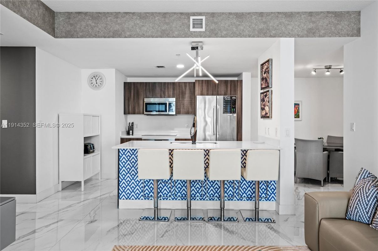 Interior, Kitchen, Marble, Pendant Lights, Recessed Lighting, Stainless Steel Appliances