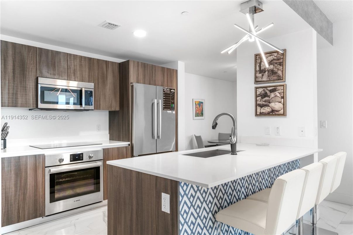 Interior, Kitchen, Marble, Pendant Lights, Recessed Lighting, Stainless Steel Appliances