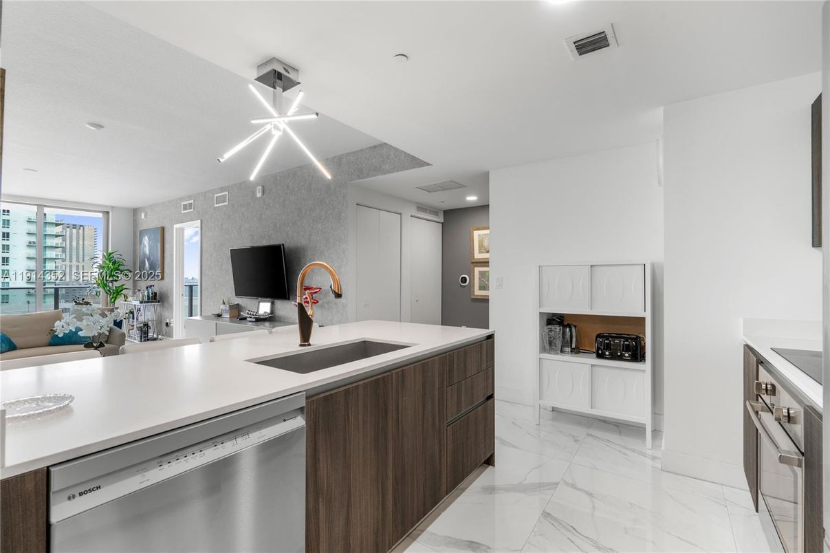 Interior, Kitchen, Marble, Pendant Lights, Recessed Lighting, Stainless Steel Appliances