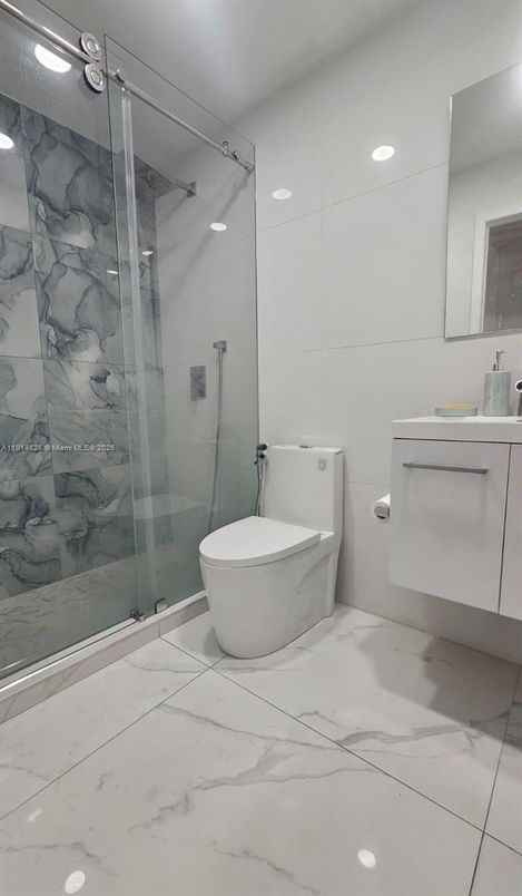 Bathroom, Glass Shower, Interior, Marble, Marble Walls, Recessed Lighting