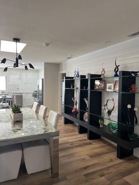 Dining room, Interior, Kitchen, Pendant Lights, Stainless Steel Appliances, Wood Texture Flooring