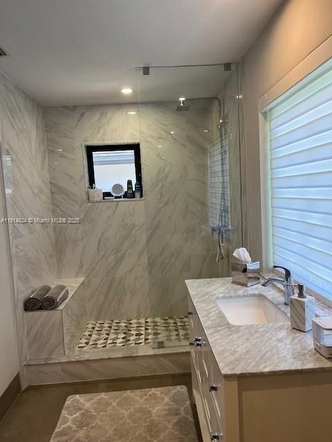 Bathroom, Glass Shower, Interior, Marble Walls, Recessed Lighting
