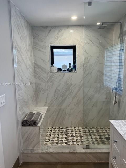 Bathroom, Glass Shower, Interior, Marble Walls, Recessed Lighting