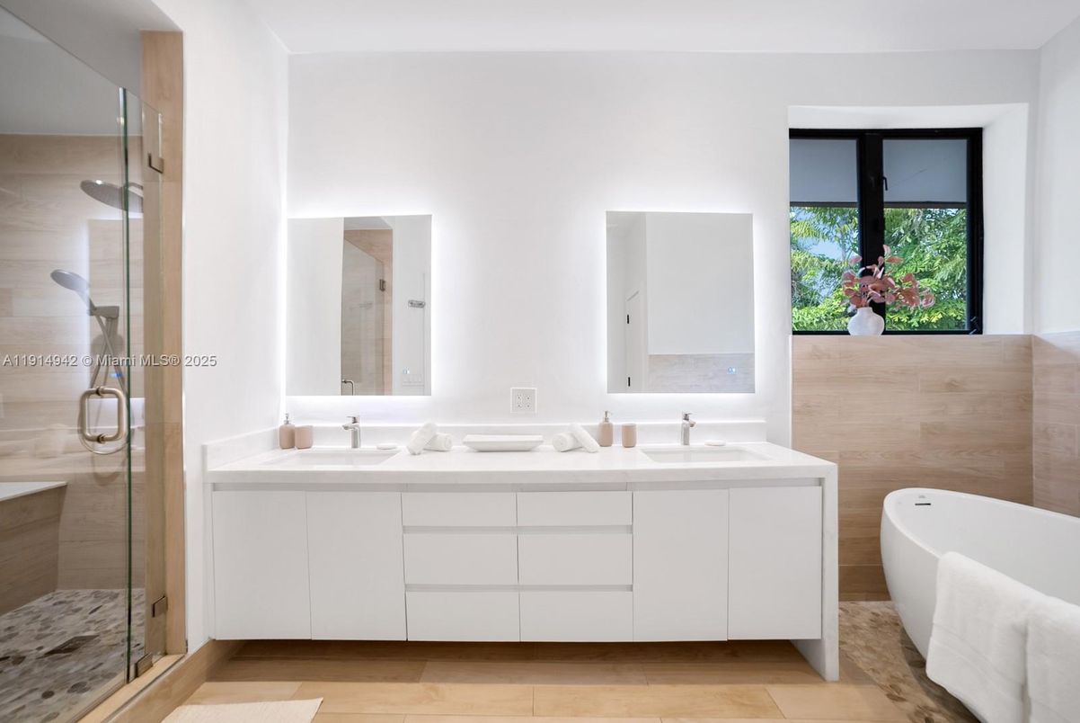 Bathroom, Dual Sink Vanities, Glass Shower, Interior, Wood Texture Flooring