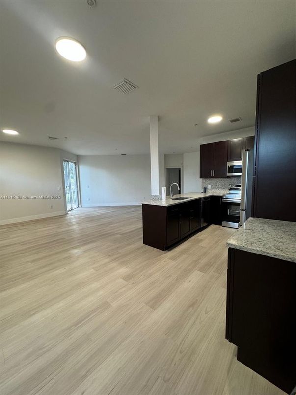 Empty room, Interior, Kitchen, Recessed Lighting, Wood Texture Flooring