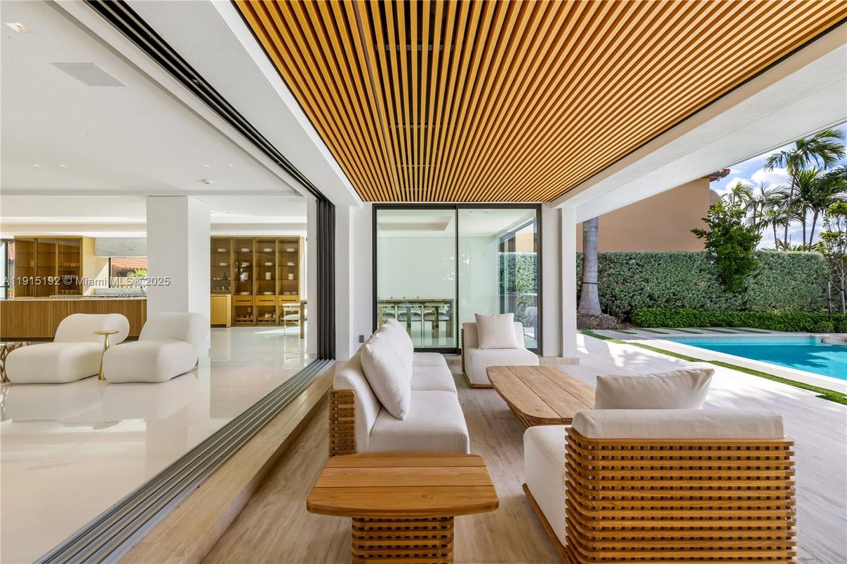 Interior, Living room, Pool, Recessed Lighting, Wood Texture Flooring