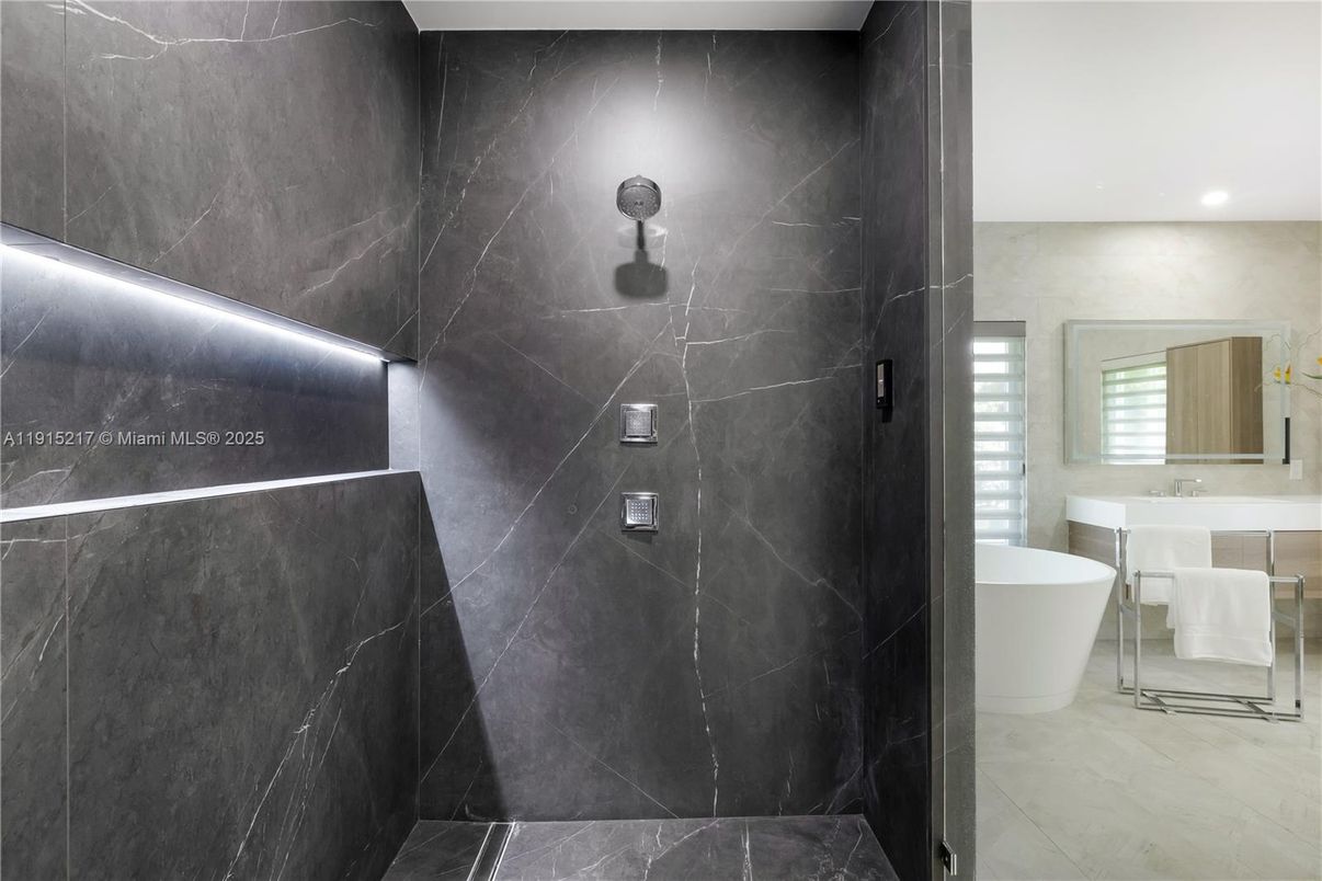 Bathroom, Free Standing Baths, Interior, Marble, Marble Walls, Recessed Lighting