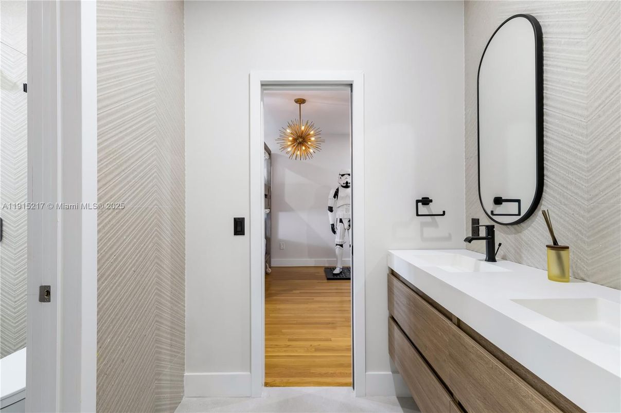 Bathroom, Dual Sink Vanities, Interior, Pendant Lights, Wood Texture Flooring