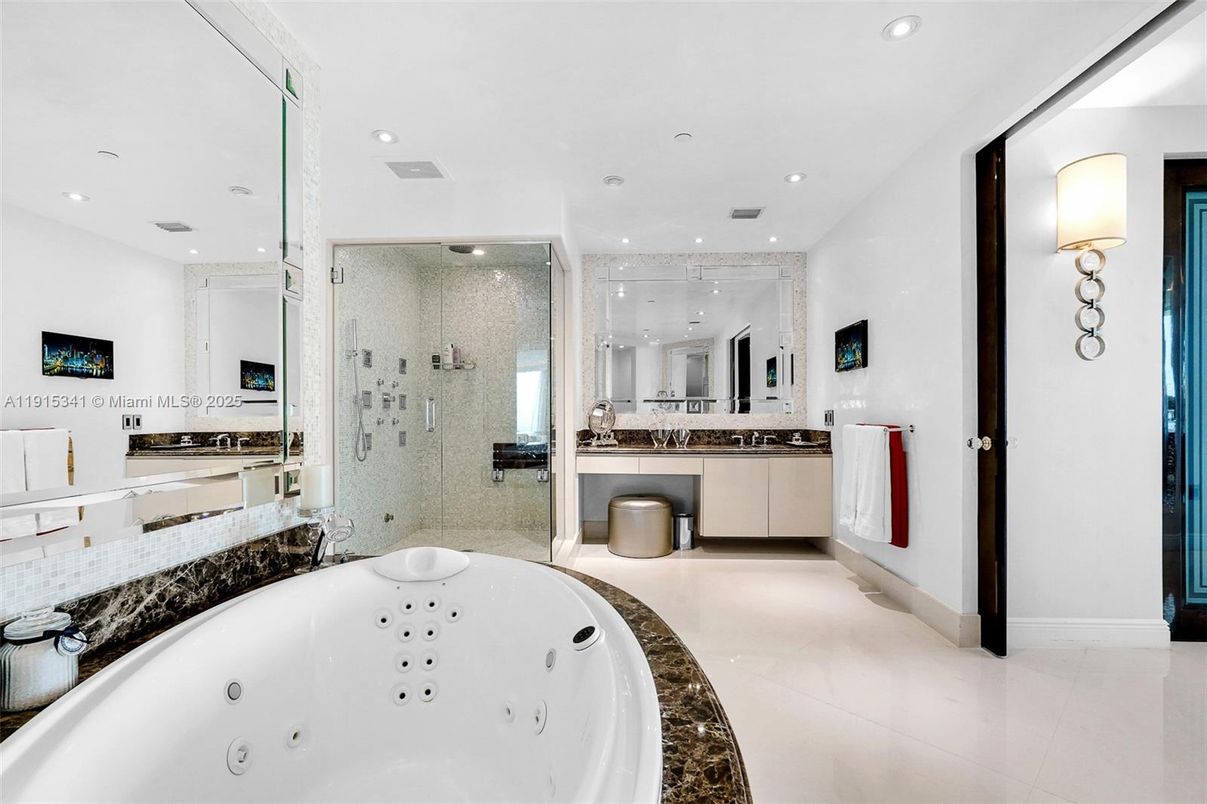 Bathroom, Dual Sink Vanities, Glass Shower, Interior, Recessed Lighting