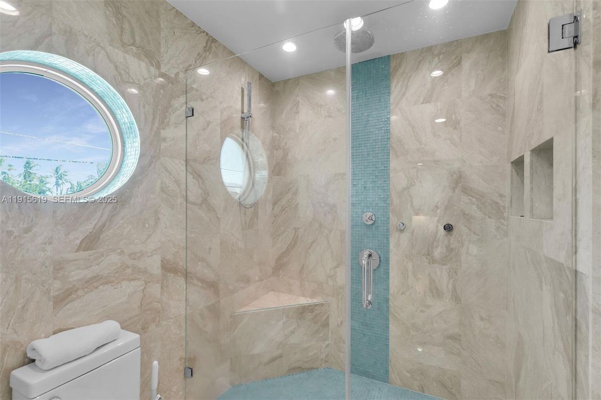 Bathroom, Glass Shower, Interior, Marble Walls, Recessed Lighting