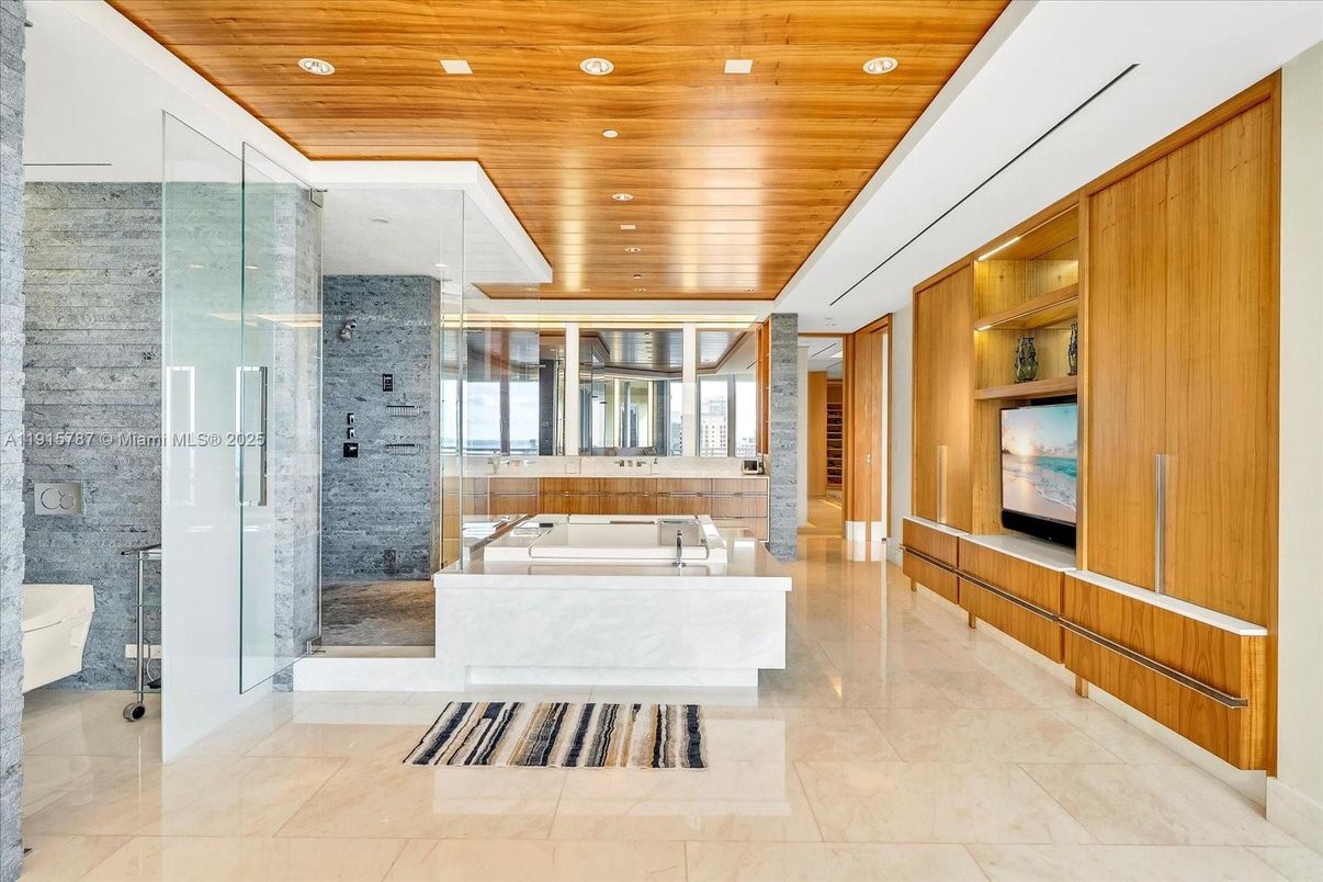 Bathroom, Glass Shower, Interior, Recessed Lighting, Wooden Ceilings, Wooden Walls