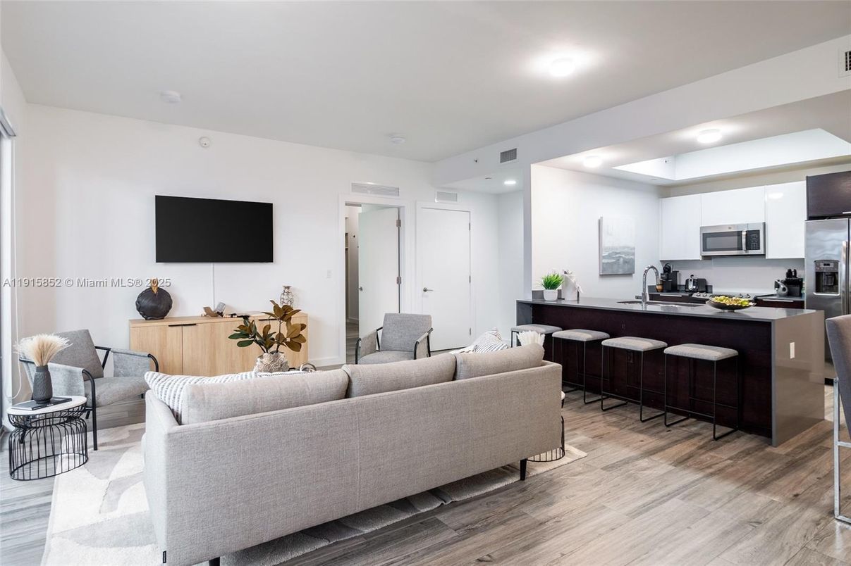 Interior, Kitchen, Living room, Recessed Lighting, Stainless Steel Appliances, Wood Texture Flooring