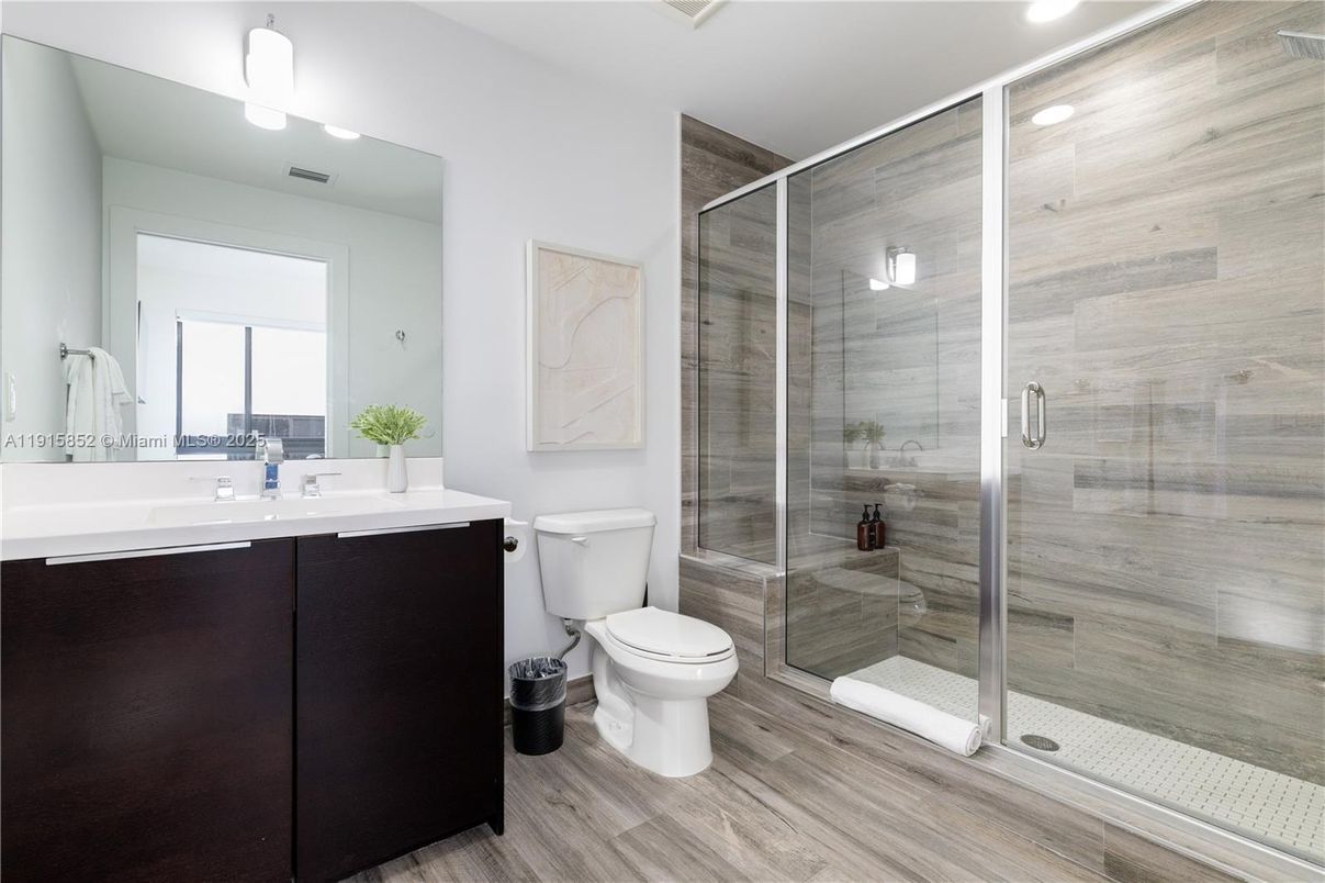 Bathroom, Glass Shower, Interior, Recessed Lighting, Wood Texture Flooring