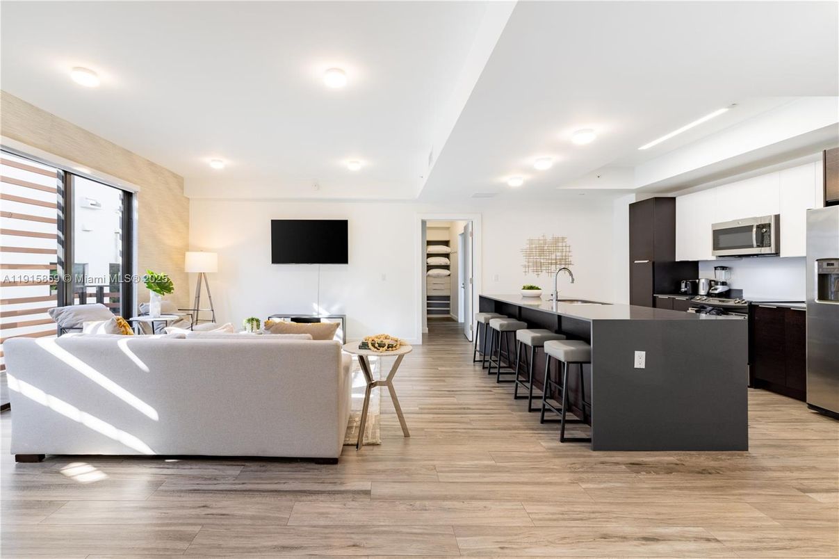 Interior, Kitchen, Living room, Recessed Lighting, Stainless Steel Appliances, Wood Texture Flooring