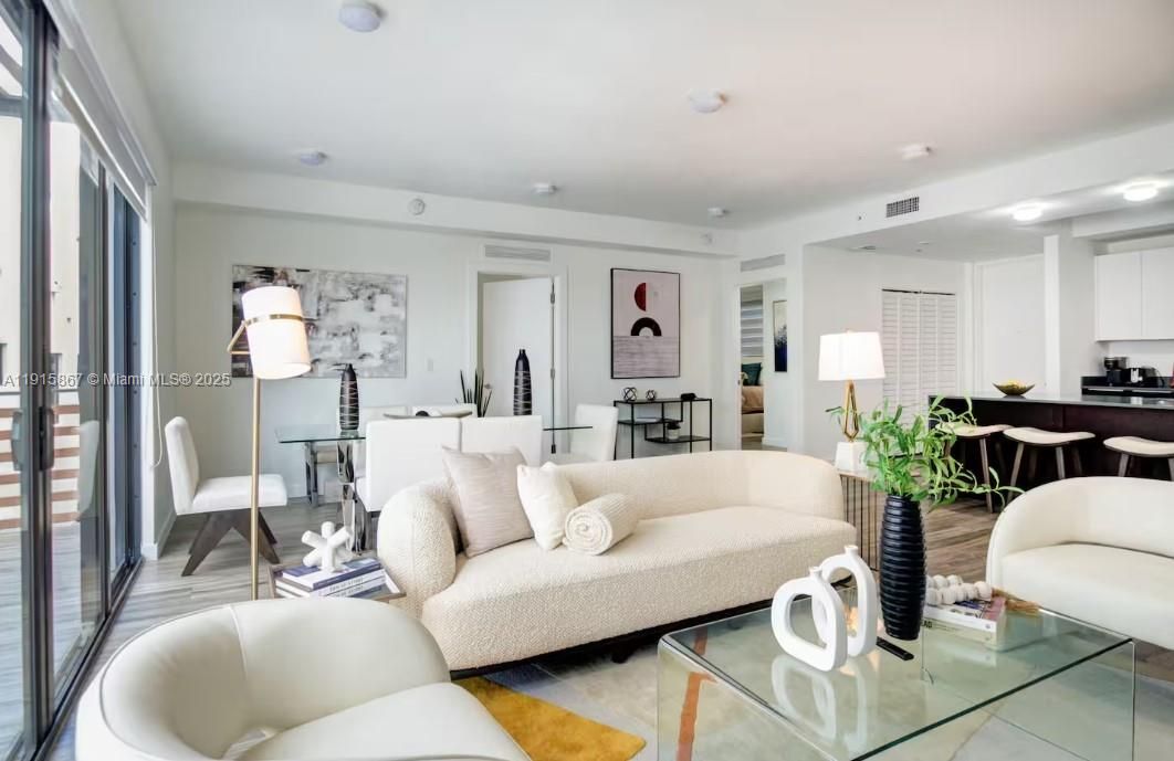 Dining room, Interior, Living room, Recessed Lighting, Wood Texture Flooring