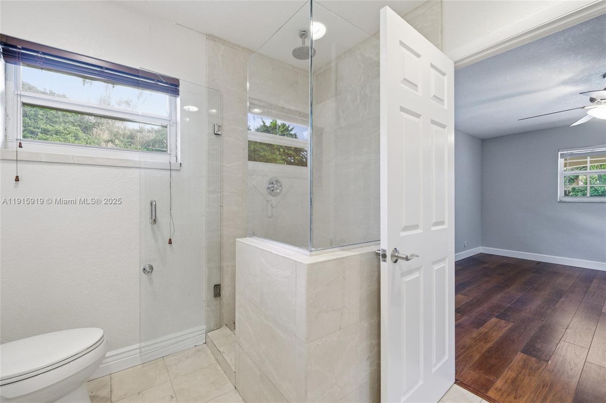 Bathroom, Glass Shower, Interior, Recessed Lighting, Wood Texture Flooring