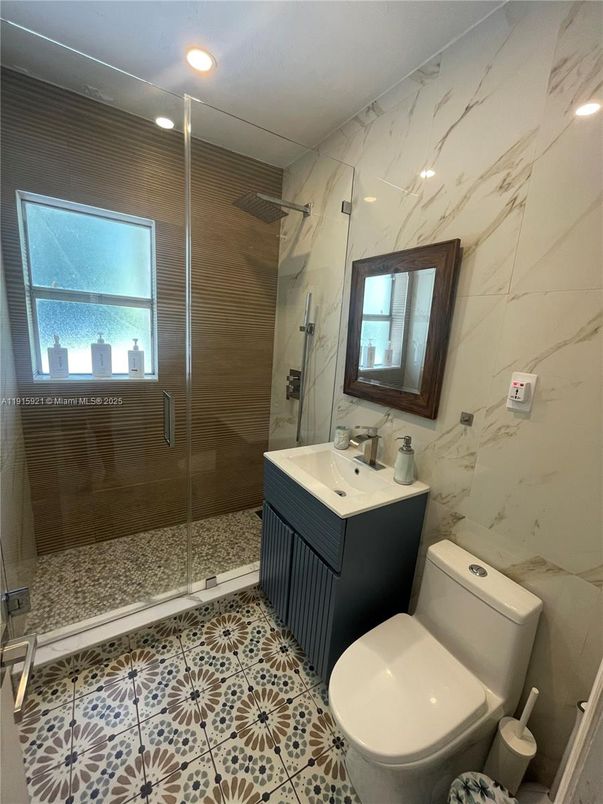 Bathroom, Glass Shower, Interior, Marble Walls, Recessed Lighting