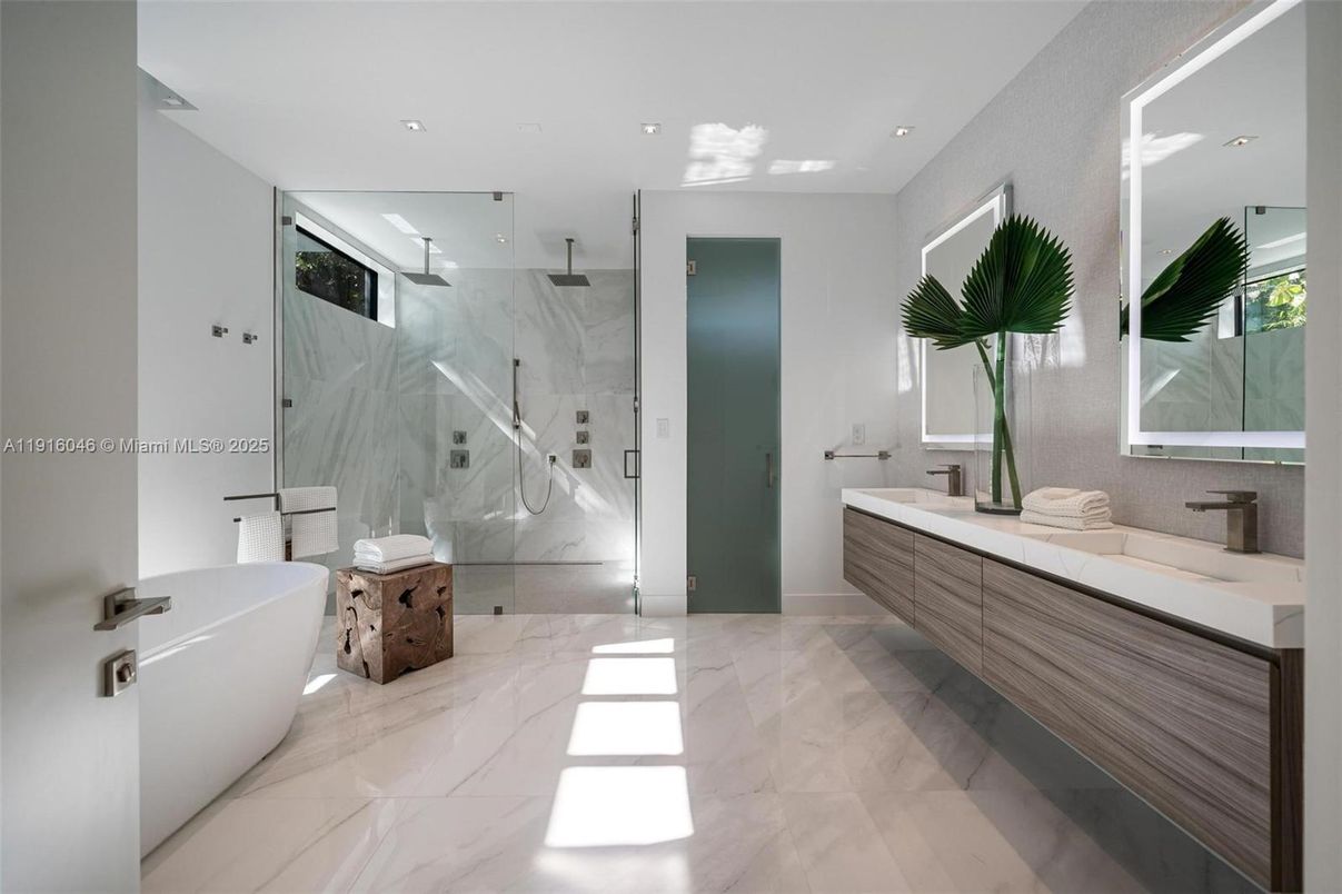 Bathroom, Dual Sink Vanities, Free Standing Baths, Glass Shower, Interior, Marble, Marble Walls, Recessed Lighting