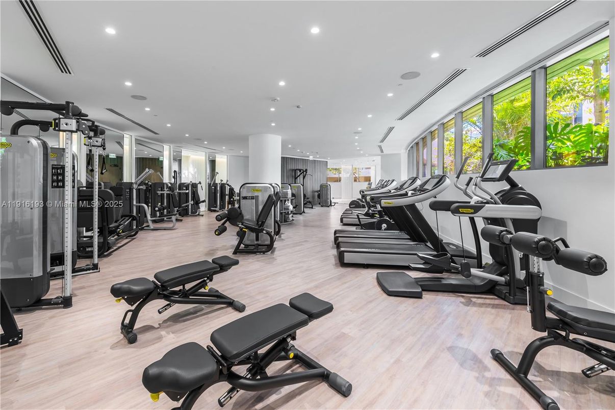 Fitness Equipment, Gym, Interior, Recessed Lighting, Wood Texture Flooring