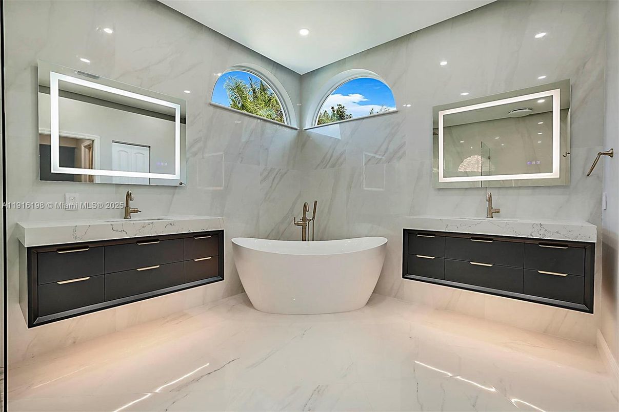 Bathroom, Dual Sink Vanities, Free Standing Baths, Interior, Marble, Marble Walls, Recessed Lighting