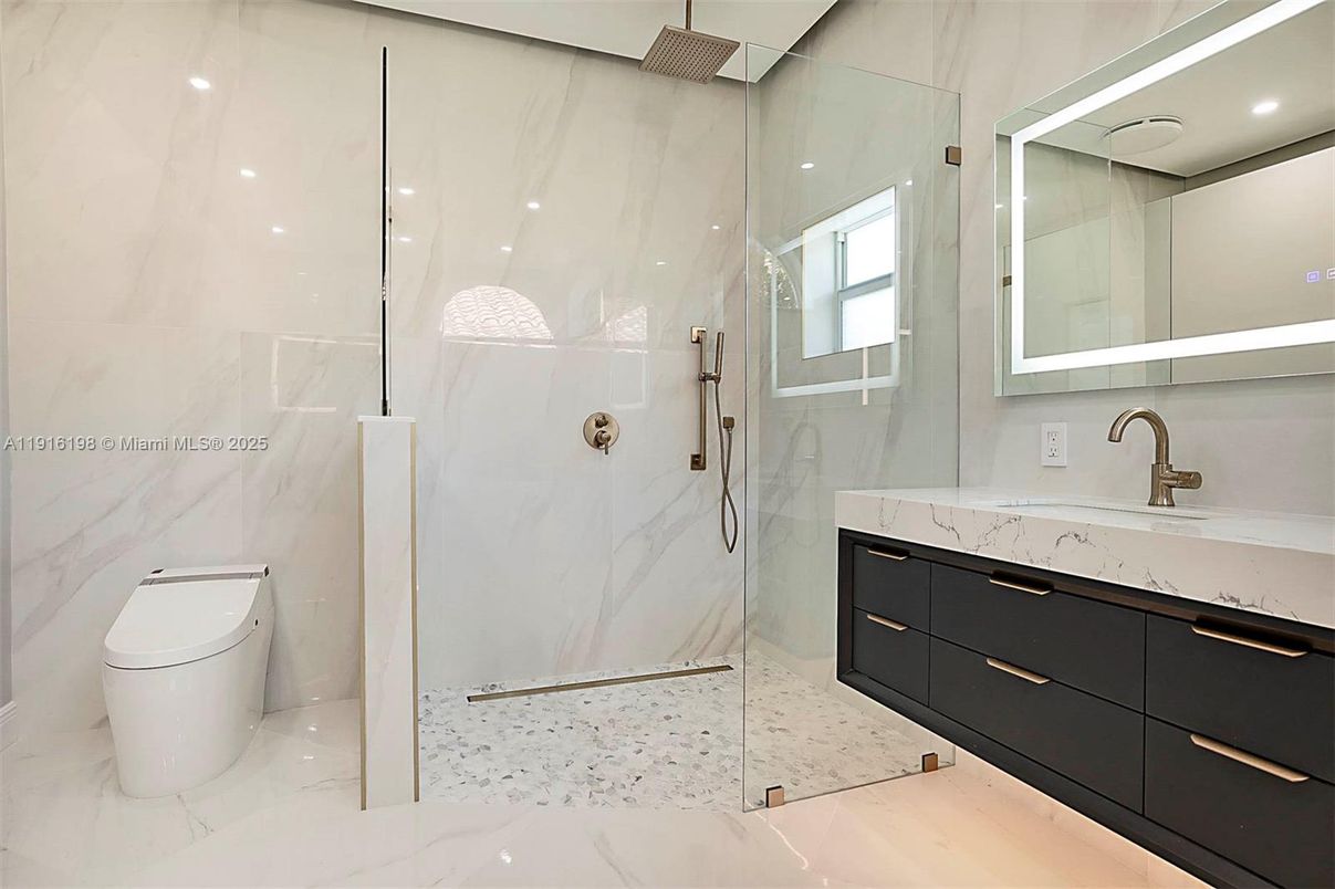 Bathroom, Glass Shower, Interior, Marble, Marble Walls, Recessed Lighting