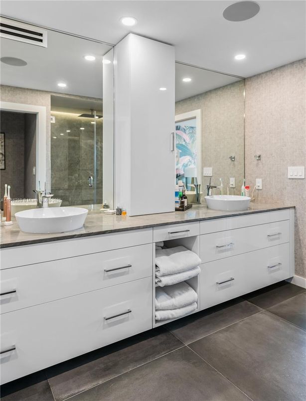 Bathroom, Dual Sink Vanities, Glass Shower, Interior, Recessed Lighting
