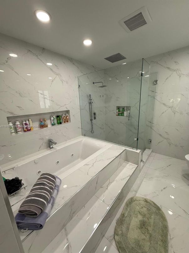 Bathroom, Glass Shower, Interior, Marble, Marble Walls, Recessed Lighting