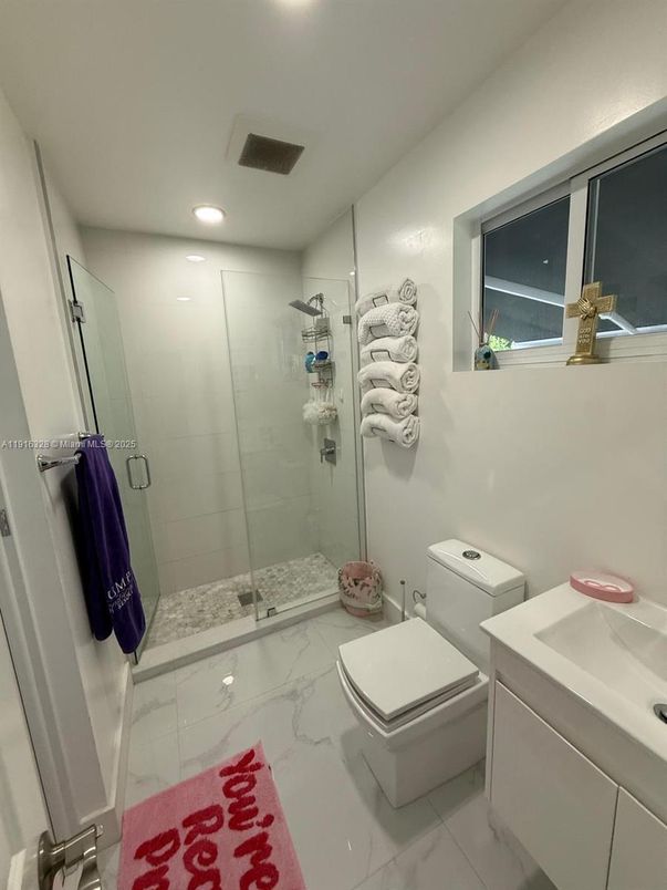 Bathroom, Glass Shower, Interior, Marble, Recessed Lighting