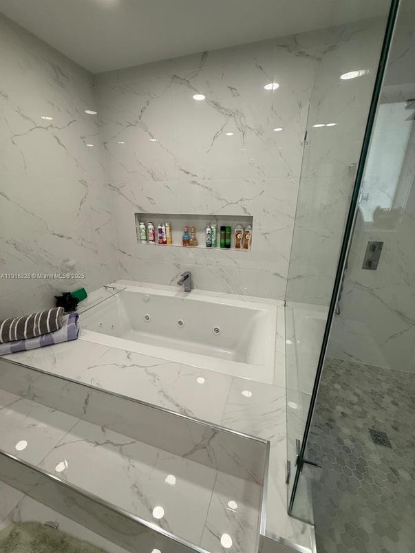 Bathroom, Glass Shower, Interior, Marble Walls, Recessed Lighting