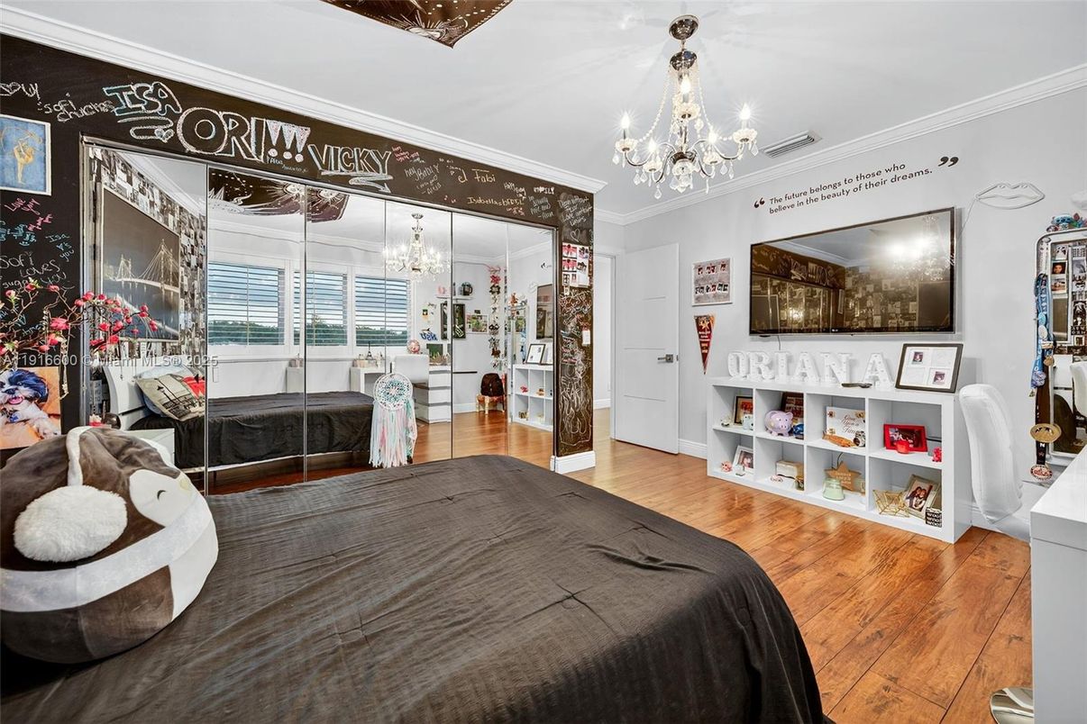 Bedroom, Chandelier, Interior, Wood Texture Flooring