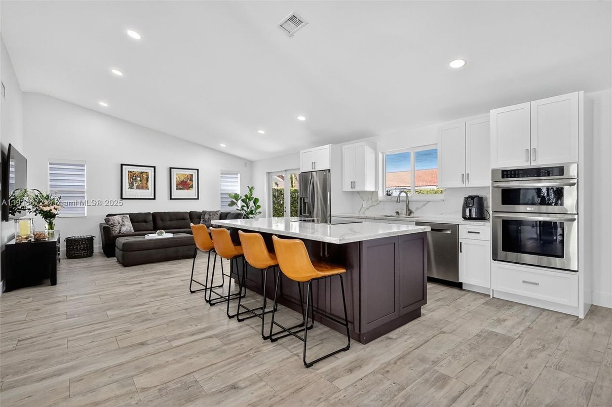 Interior, Kitchen, Living room, Recessed Lighting, Stainless Steel Appliances, Wood Texture Flooring