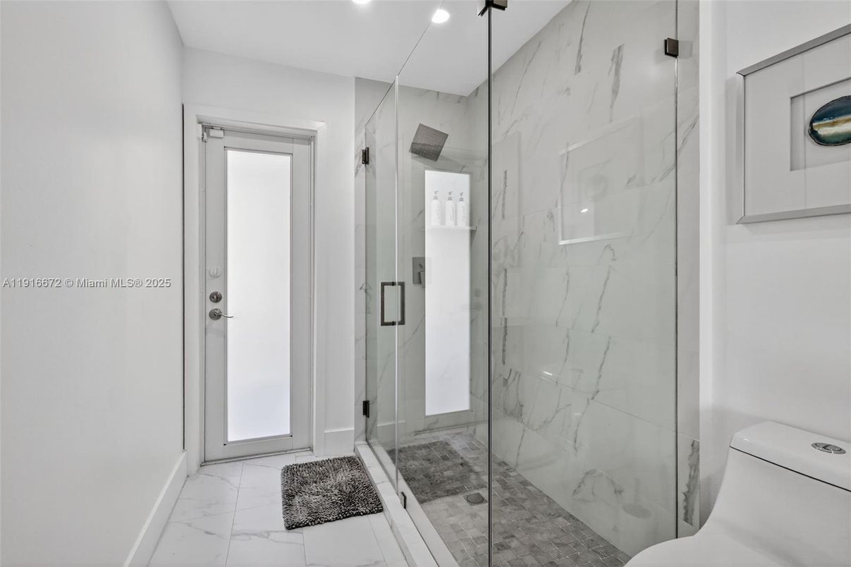 Bathroom, Glass Shower, Interior, Marble, Marble Walls, Recessed Lighting