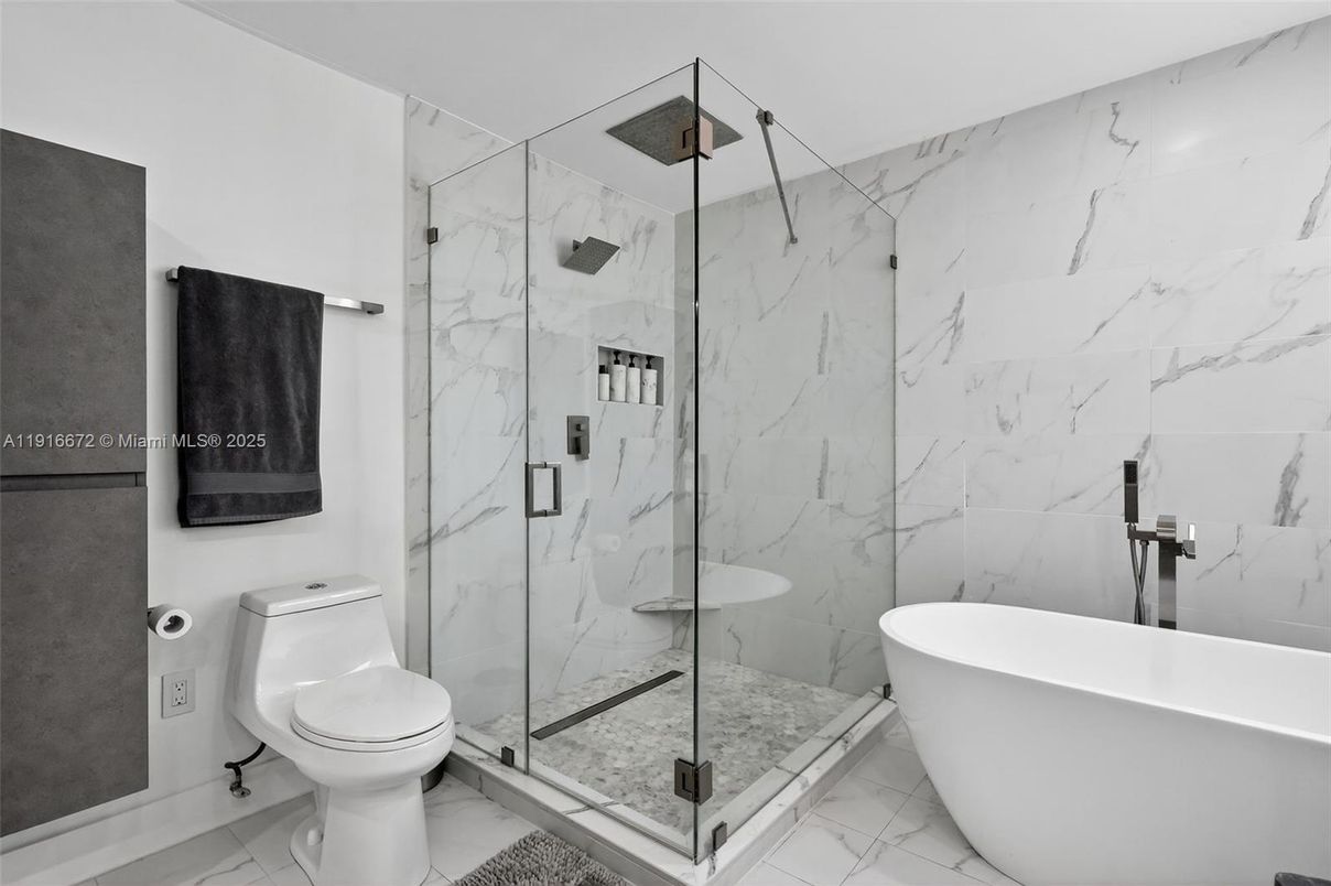 Bathroom, Free Standing Baths, Glass Shower, Interior, Marble, Marble Walls