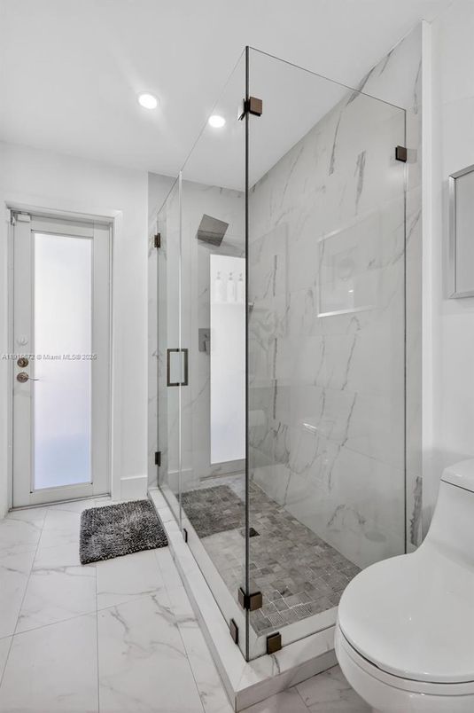 Bathroom, Glass Shower, Interior, Marble, Marble Walls, Recessed Lighting