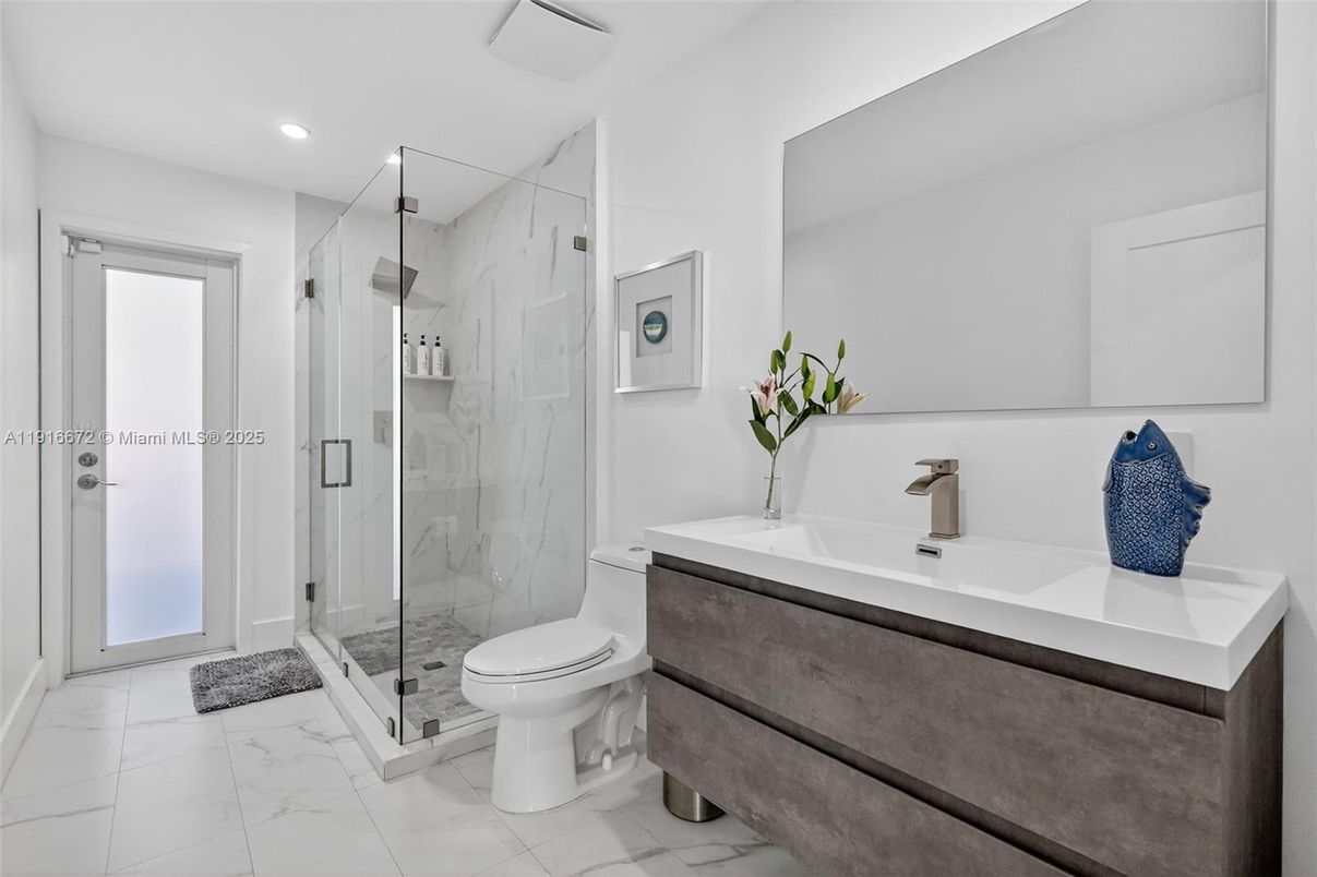 Bathroom, Glass Shower, Interior, Marble, Marble Walls, Recessed Lighting