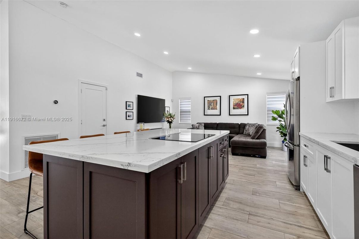 Interior, Kitchen, Living room, Recessed Lighting, Wood Texture Flooring