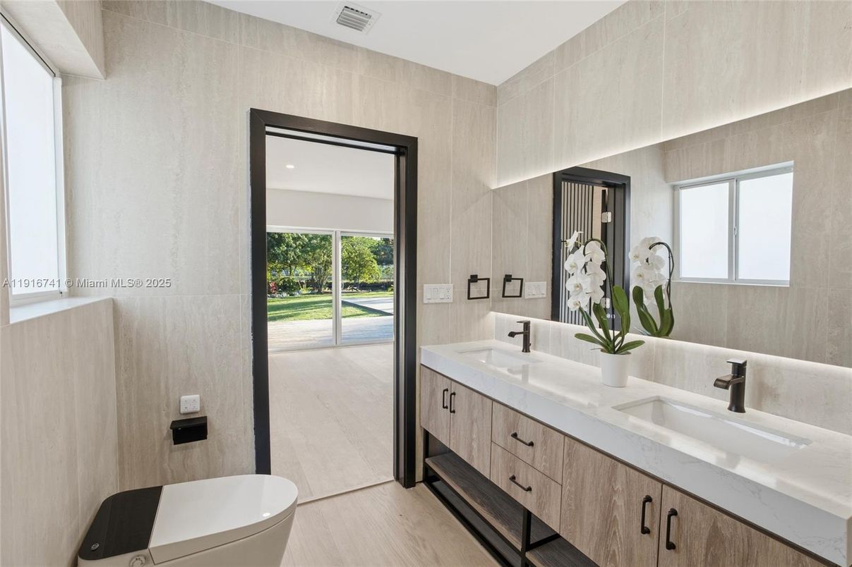 Bathroom, Dual Sink Vanities, Interior, Recessed Lighting, Wood Texture Flooring
