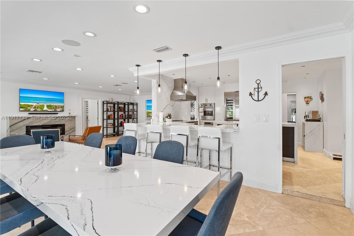 Dining room, Fireplace, Interior, Kitchen, Living room, Pendant Lights, Recessed Lighting, Stainless Steel Appliances