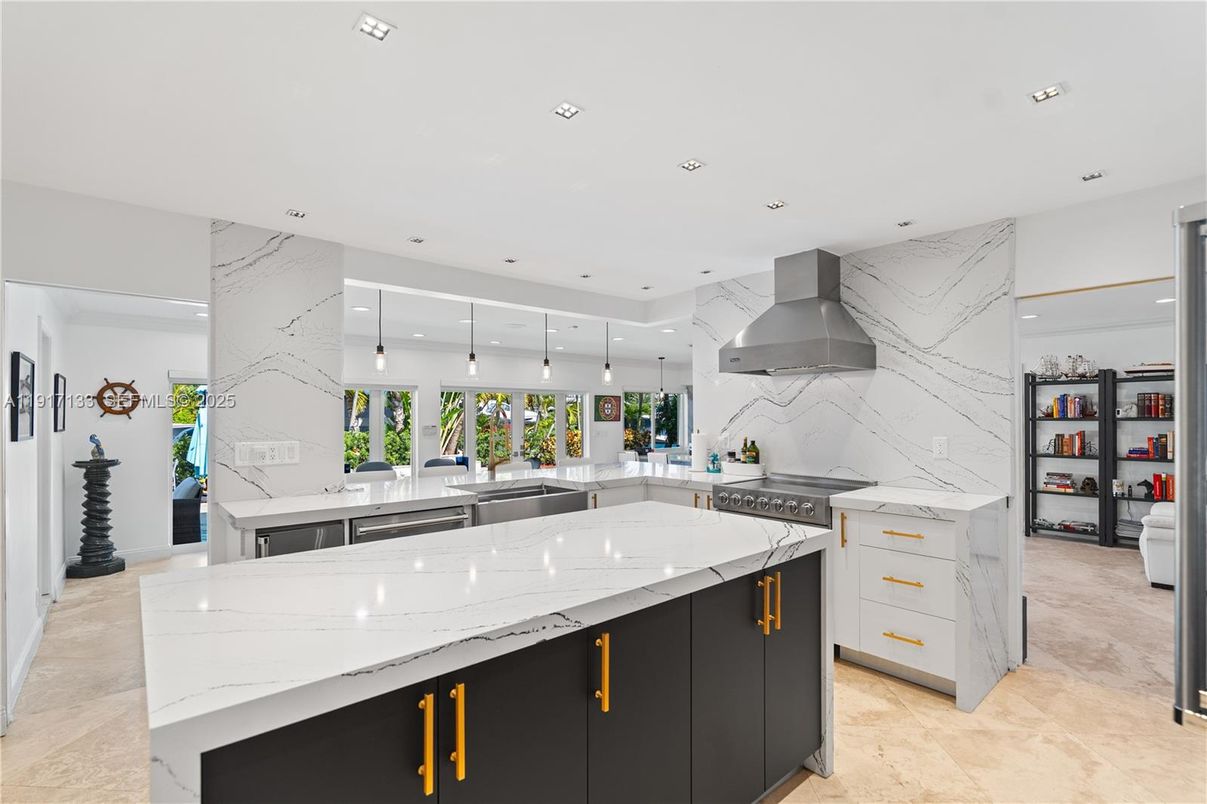 Interior, Kitchen, Marble Walls, Pendant Lights, Recessed Lighting