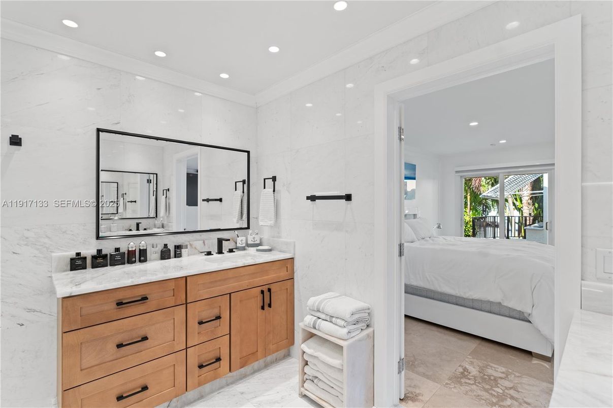 Bathroom, Bedroom, Dual Sink Vanities, Glass Shower, Interior, Marble, Marble Walls, Recessed Lighting