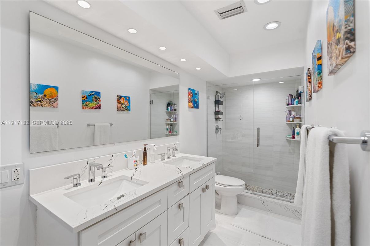 Bathroom, Dual Sink Vanities, Glass Shower, Interior, Recessed Lighting