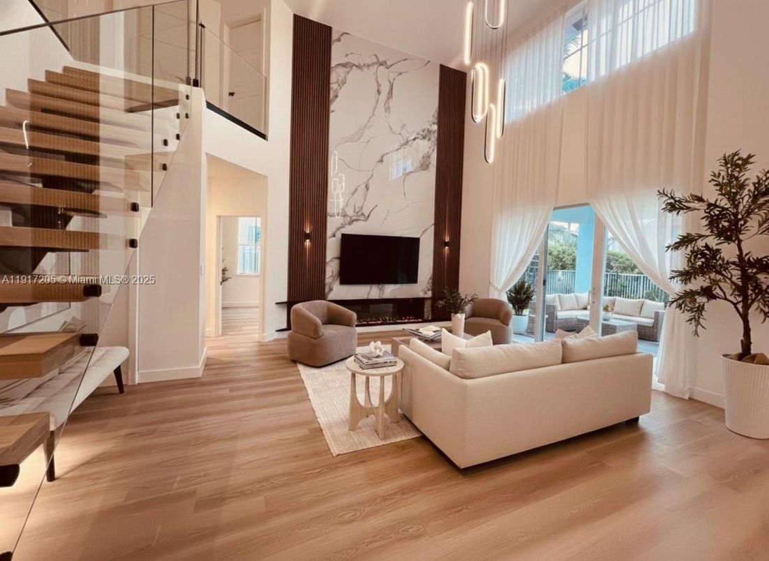 Interior, Living room, Marble Walls, Pendant Lights, Wood Texture Flooring